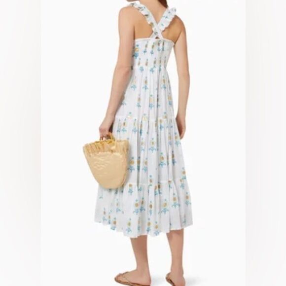 Oliphant Leela White Blue Ruffle Cross Back Sleeveless Midi Dress. NEW. Small. - Picture 6 of 16